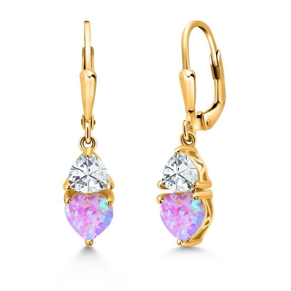 Gem Stone King 18K Yellow Gold Plated Silver Simulated Pink Opal and White Moissanite Dangle Leverback Earrings for Women (2.44 Cttw, Gemstone October Birthstone, Heart Shape 6MM, Trillion 5MM)
