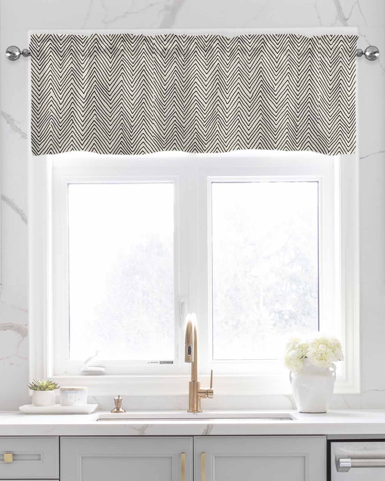 Beige Black Stripe Kitchen Valances for Windows Farmhouse Linen Window Valance Curtain for Living Room Window Treatment Modern Abstract Art Moire Striped Valance Rod Pocket Topper Drape, 42 x 12 Inch