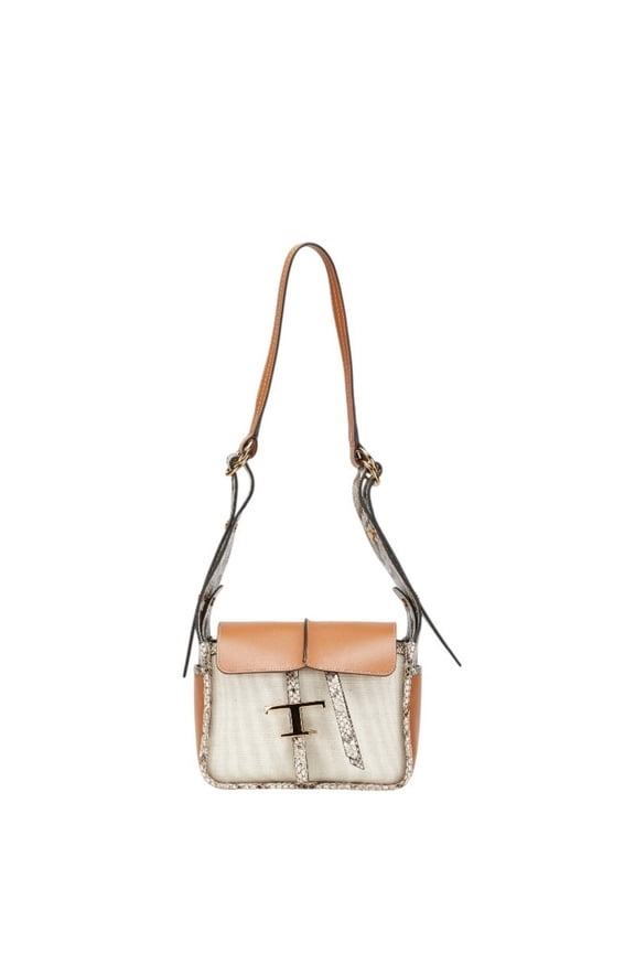 Pre-Owned Tod's T Timeless Python Embossed Shoulder Bag in Ivory and Brown Leather... (Good)