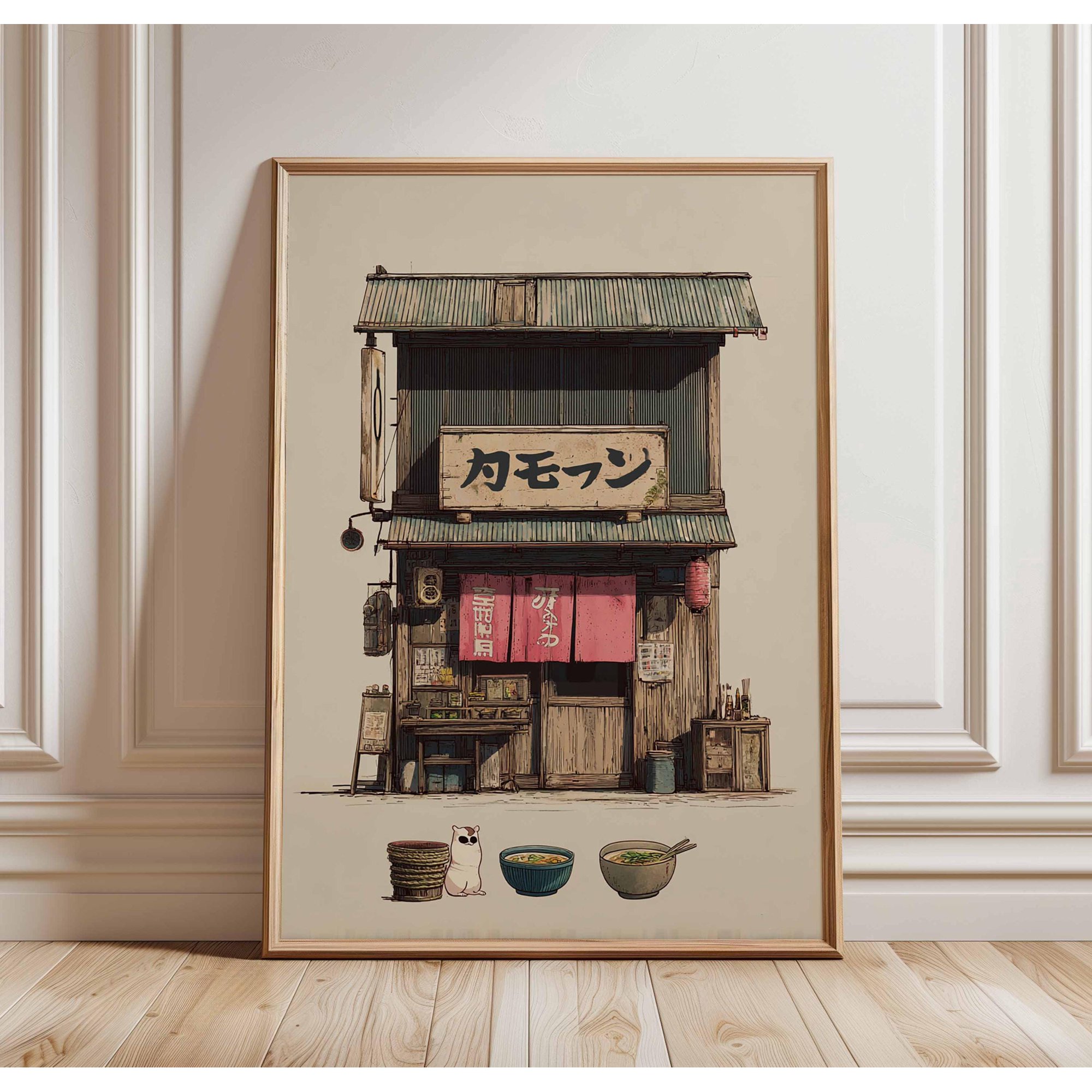 Japanese Ramen Shop Poster, Retro Noodle House Wall Art, Tokyo Street Scene Print, Vintage Japanese Storefront Decor with Cat and Bowls, Poster Only