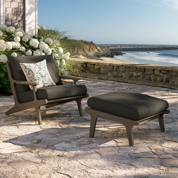 Saratoga Outdoor Teak Wood Chair and Ottoman Set in Weathered Gray Flint