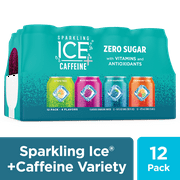 Sparkling Ice +Caffeine Zero Sugar Flavored Sparkling Water, Variety Pack-Black Raspberry/Blue Raspberry/Strawberry Citrus/Citrus Twist 12 16oz Can