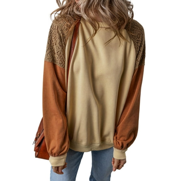 Women's Khaki Lace Patchwork Colorblock Drop Shoulder Sweatshirt | [ZhiHiMeRi] | (US 12-14)L