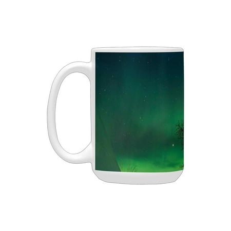 

Northern Lights Wooden Roof House Winter Icy Arctic View Cold Climates Air Image Dark Blue Jade Gree Ceramic Mug (15 OZ) (Made In USA)