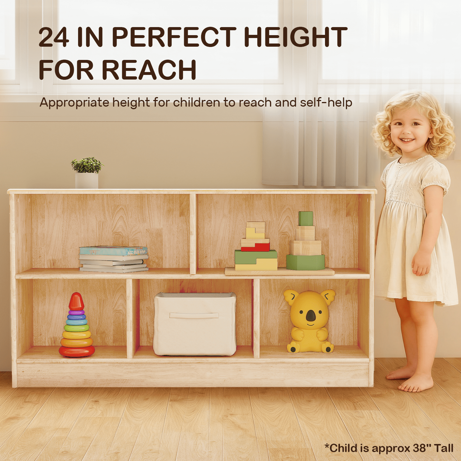 Kids Bookshelf and Toy Storage Rubber Wood 5 Cube Storage Organizer, 35.4" L Montessori Book Shelf For Kids Rooms Classroom Nursery Daycare