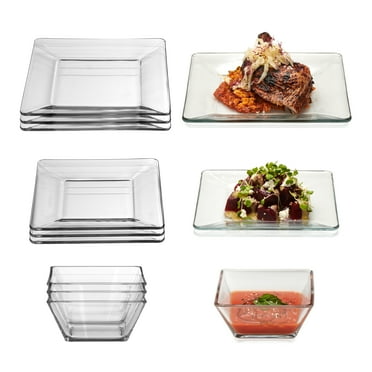 Libbey Tempo Glass Dinnerware Set, Sleek Square Clear Glass Plates and Bowls Set of 12, Dishwasher Safe Glass Dishes Set for Dinners, Weekend Parties