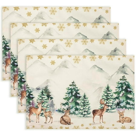 

RooRuns 4pcs Watercolor Deer Snowflake Tree Christmas Placemats 12x18 Inches Vintage Washable Seasonal Winter Xmas Table Mats for Holiday Party Dining Table Decoration