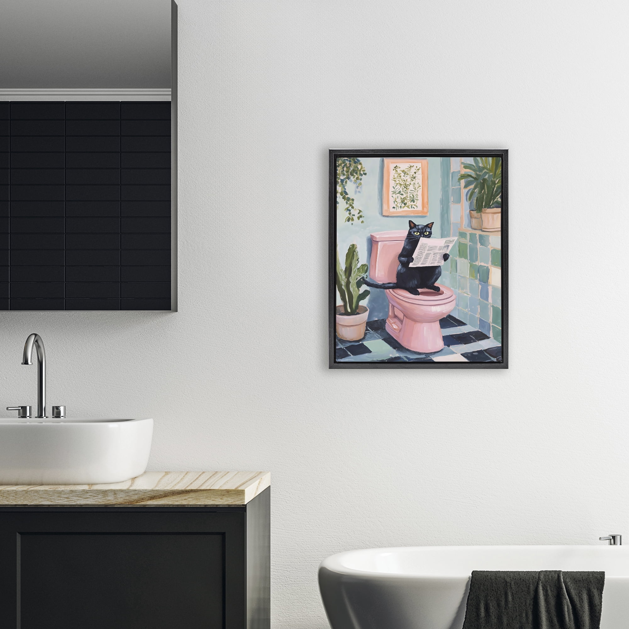 Stupell Industries Cat Reading on Pink Toilet Black Framed Floater Canvas Wall Art, design by The Prints Vibe