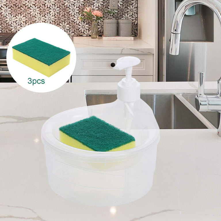 Soap Dispenser and Scrubber Holder Sink Countertop Organizer Manual Dish  Brush Multifunctional Soap Liquid Pump Bottle for Home Cafe Kitchen Clear