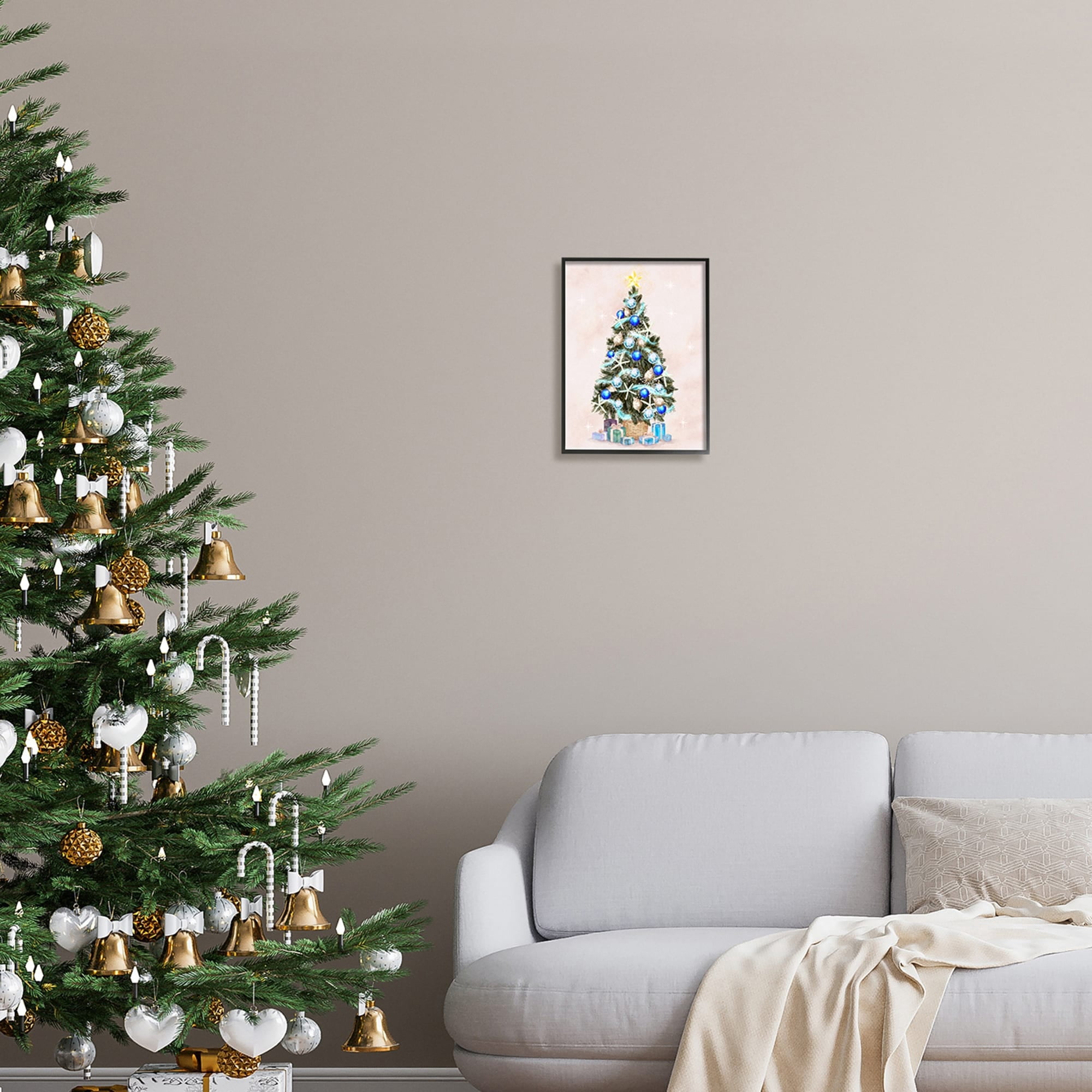 Glimmering Blue Christmas Tree Ornaments & Presents Botanical & Floral Painting Framed Art Print Wall Art