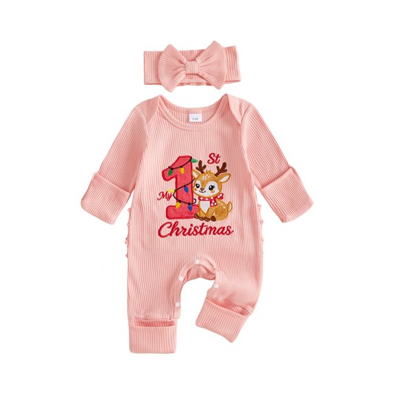 Miaouyo Baby Girl Christmas Romper Embroidery Crew Neck Bodysuits with Headband