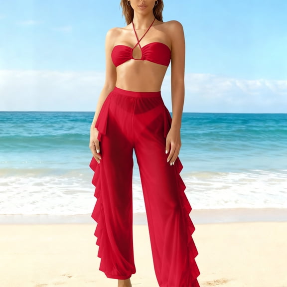 Mifsaly 3 Piece Swimsuits for Women Ruffle Wide-Leg Pants Vacation Beach Cover-Up Matching Outfit Summer Tankini Swimsuit Lightweight Swimming L