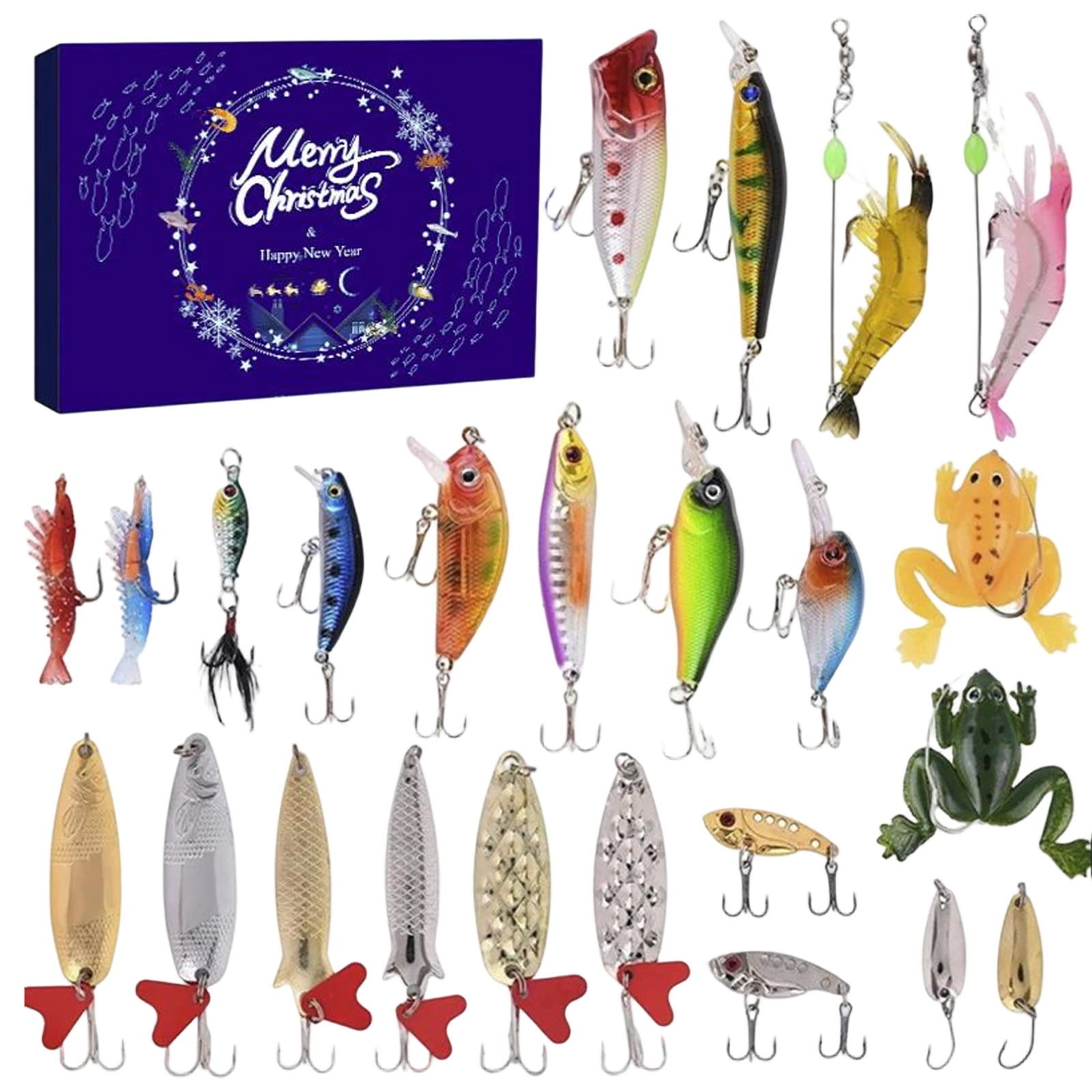 24 Pcs Fishing Lures Kit Christmas Gift Box for Anglers Assorted Soft Hard Baits with Squid Jigs Saltwater Freshwater Tackle Set for Bass Trout Holiday Surprise Blind Box for Men