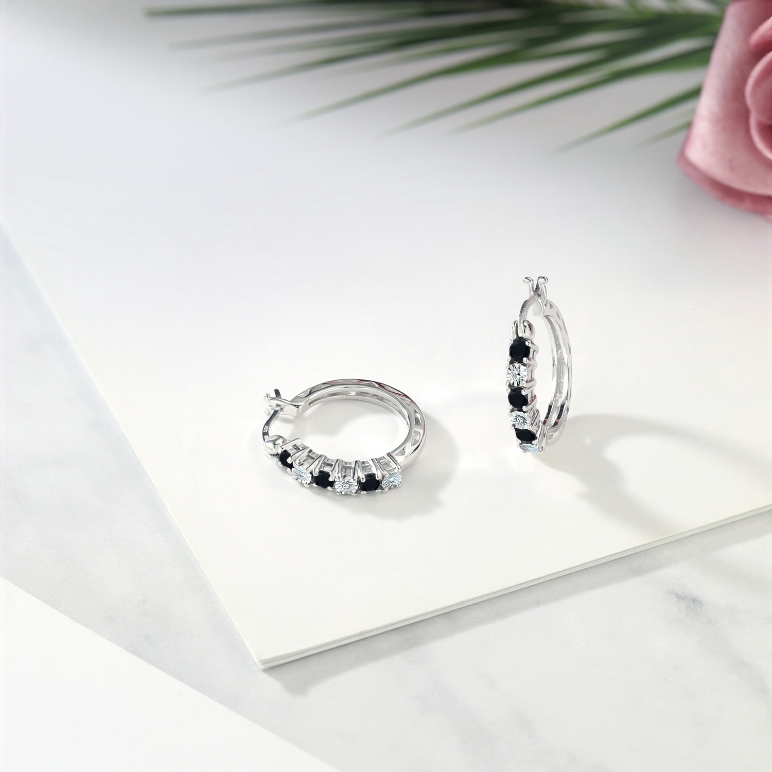Gem Stone King 925 Sterling Silver Round Black Onyx and White Lab Grown Diamond Hoop Earrings for Women (0.61 Cttw, Gemstone Birthstone, Round 3MM)