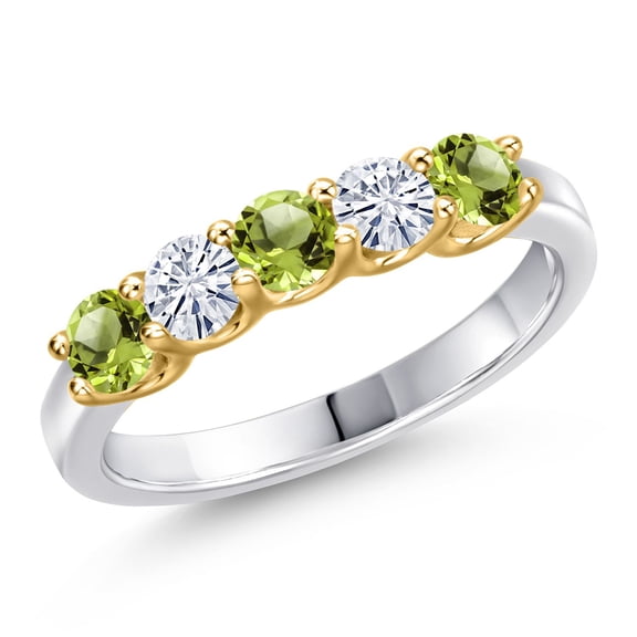 Gem Stone King 925 Silver and 10K Yellow Gold Green Peridot and White Moissanite Wedding-Bands Ring for Women | 0.94 Cttw | Round 3.5MM | Gemstone August Birthstone | Size 7