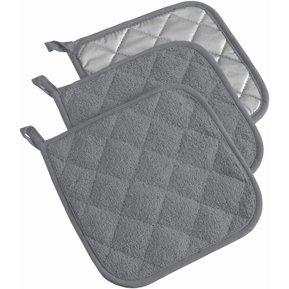 Basic Terry Collection Quilted 100% Cotton, Potholder, Gray, 3 Piece