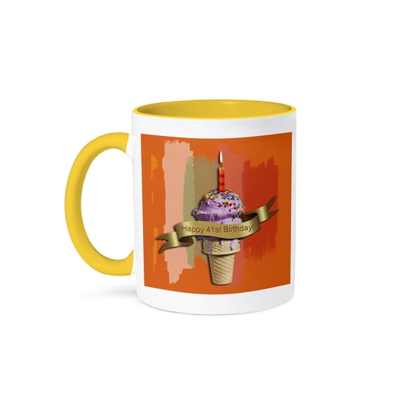 3drose, Happy 41st Birthday, Strawberry Ice Cream Cone on Abstract, Orange, 11oz Two-tone Yellow Mug