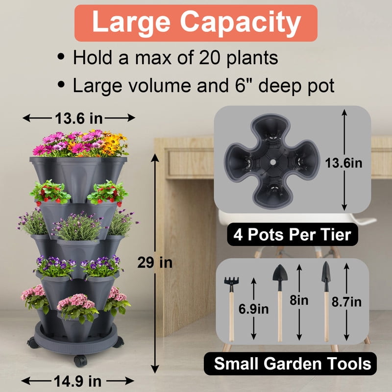 5-Tier Vertical Stackable Tower Planter for Strawberries, Flowers, Herbs, and Vegetables - Dark Gray.