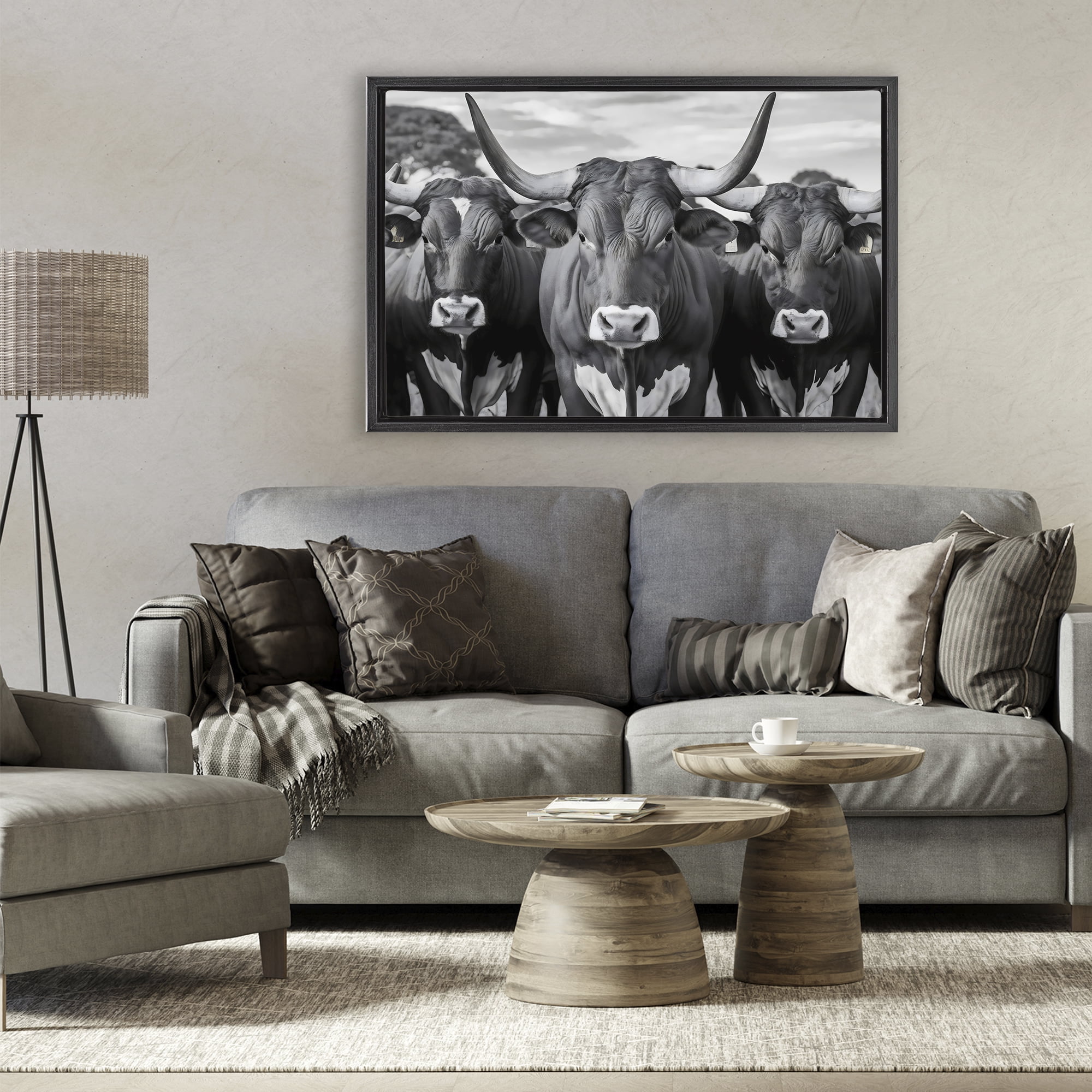 Stupell Industries Three Longhorns in a Row Black Framed Floater Canvas Wall Art, design by Creative Studio