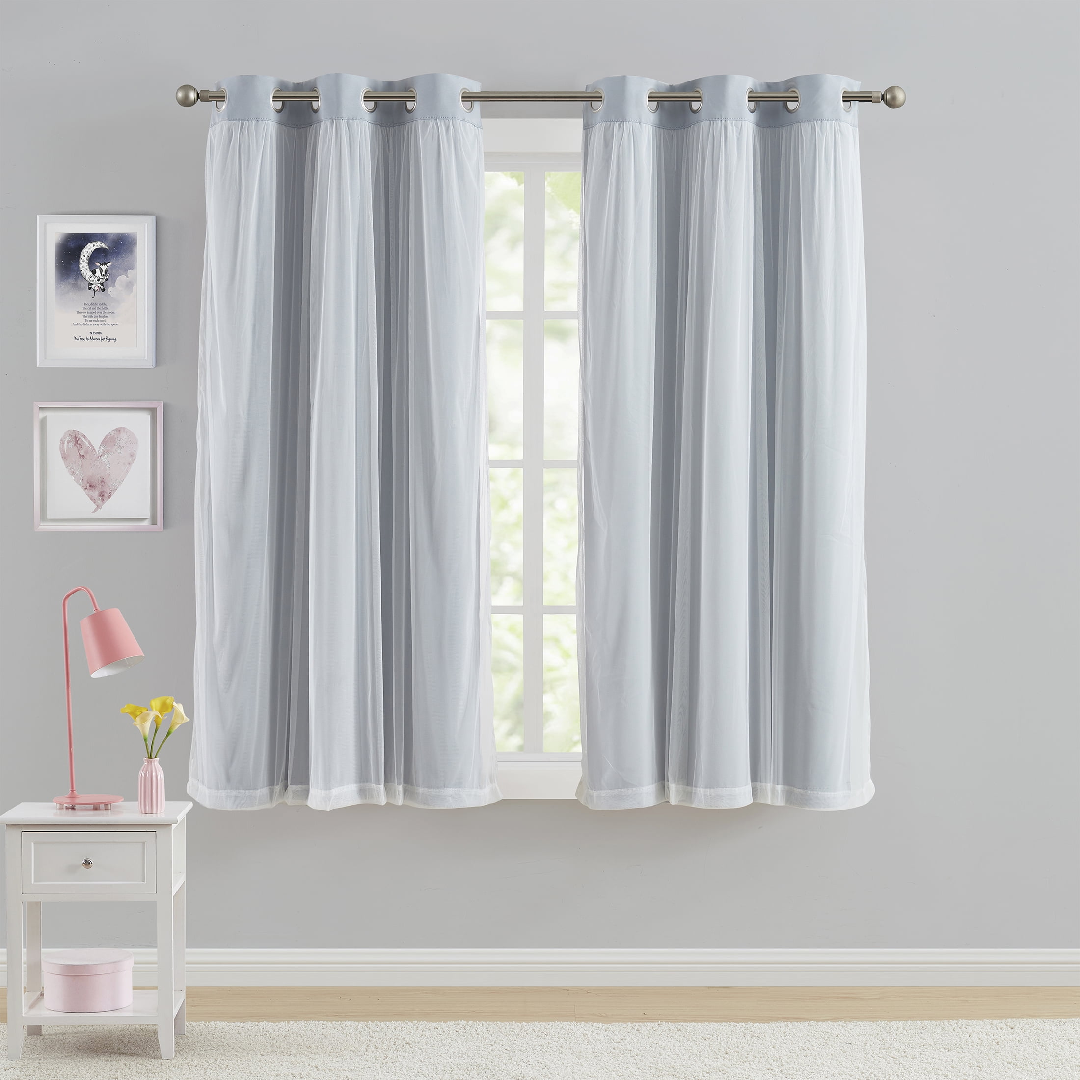 (2 pack) Your Zone Blackout Curtain Panel with Sheer Overlay, 1 Panel, Grey, 37" W x 63" L