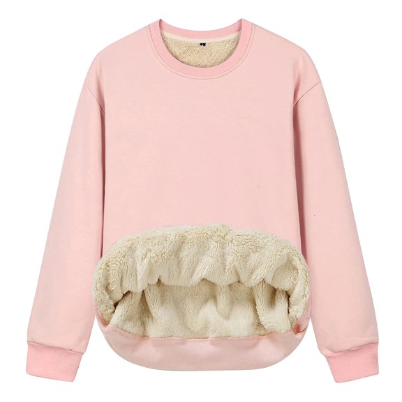 Wangmeiwg Women's Sweatshirts Women's Thick Sweatshirt - Long Sleeve O-neck Blouse Lined Winter Velvet Soft Warm Underwear for Comfort Pink L
