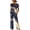 Dark Blue, variant on Women's Geometric Print Two-Piece Outfit Round Neck Short Sleeve Top and Elastic Waist Wide Leg Pants with Pockets for Casual Everyday Wear