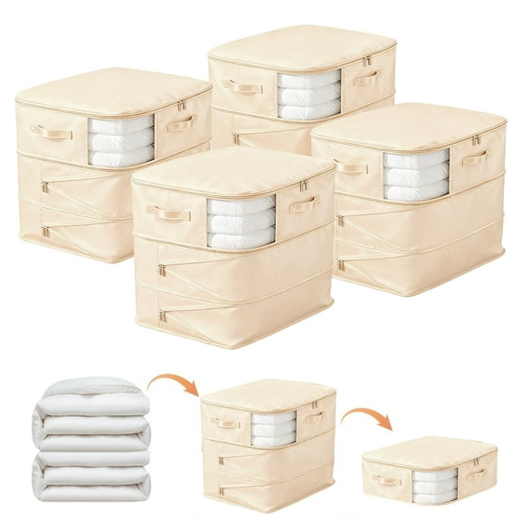 Lumikrypt 4 Pack Comforter Storage Bag, Ultra Space Saving 3-Layer Self Compression Organizer, 136L Large Capacity Washable Compression Bags with Zipper & Clear Window for Comforter, Blanket, Pillow