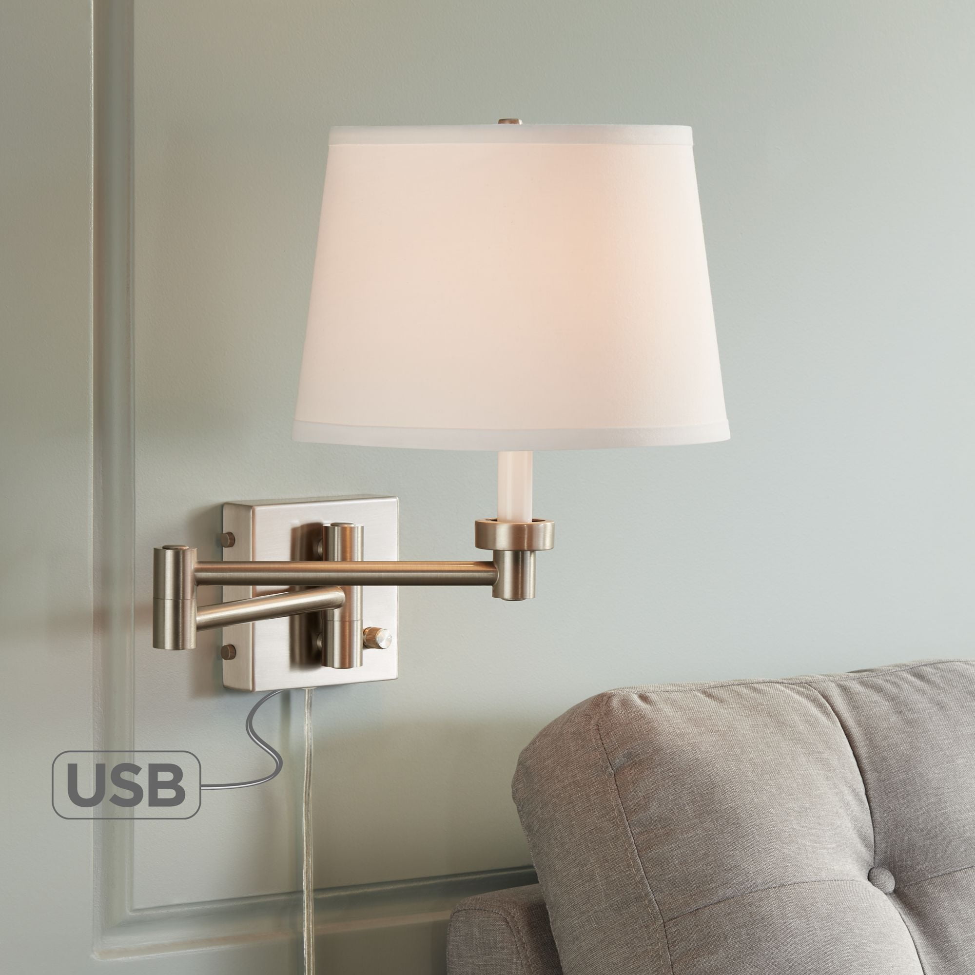 Wall Sconce Bedside Lamp w/USB High Speed Charging &White Fabric Shade Bedroom 