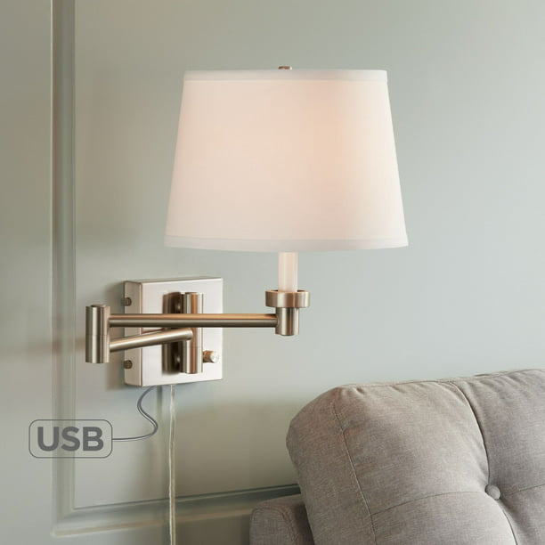 360 Lighting Modern Swing Arm Wall Lamp With Usb Charging Port Brushed Nickel Plug In Light Fixture White Drum Shade For Bedroom Com - Wall Mounted Swing Arm Lamp Australia