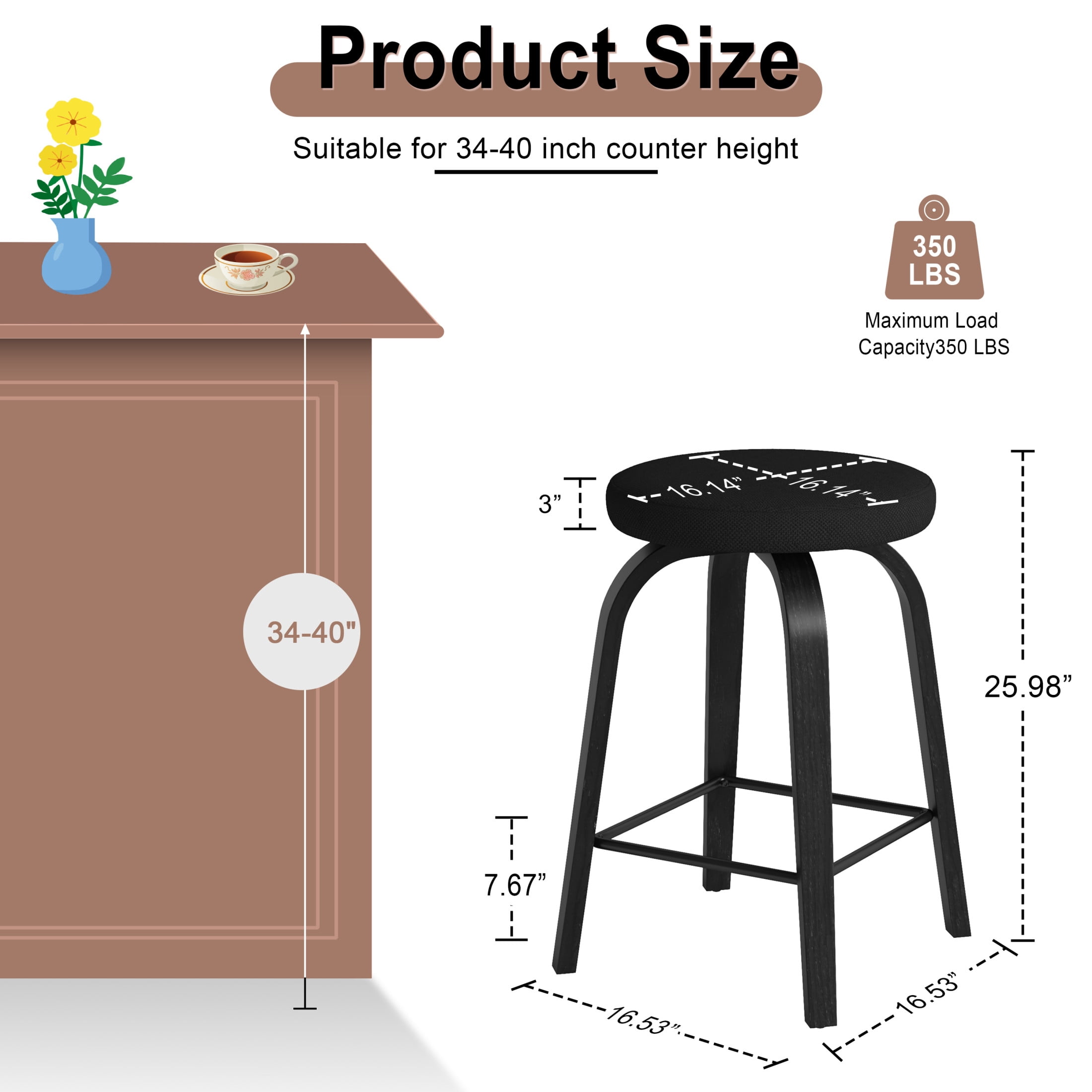 Noble House Florin 26" Swivel Backless Counter Height Bar Stools with Upholstered Seat & Bentwood Legs, Black, Set of 2