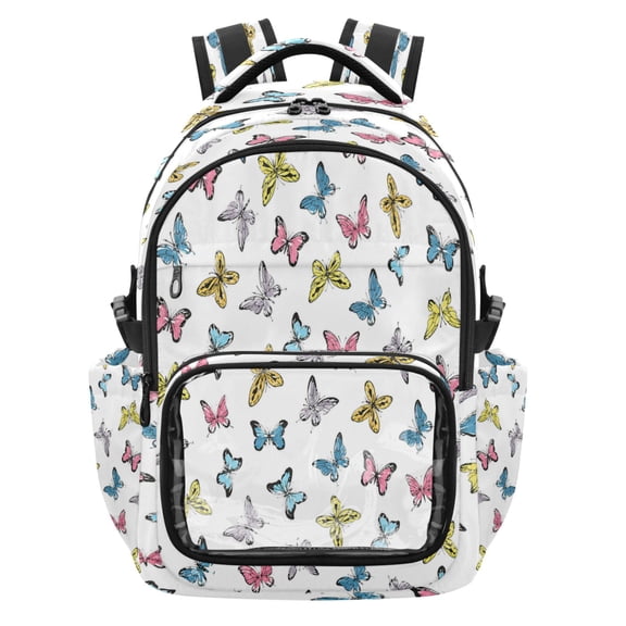 Qxltty Stylish Butterfly Print Backpack School Bookbag with Clear PVC Front Pocket, Laptop Compartment, Water Resistant Travel Daypack for Students