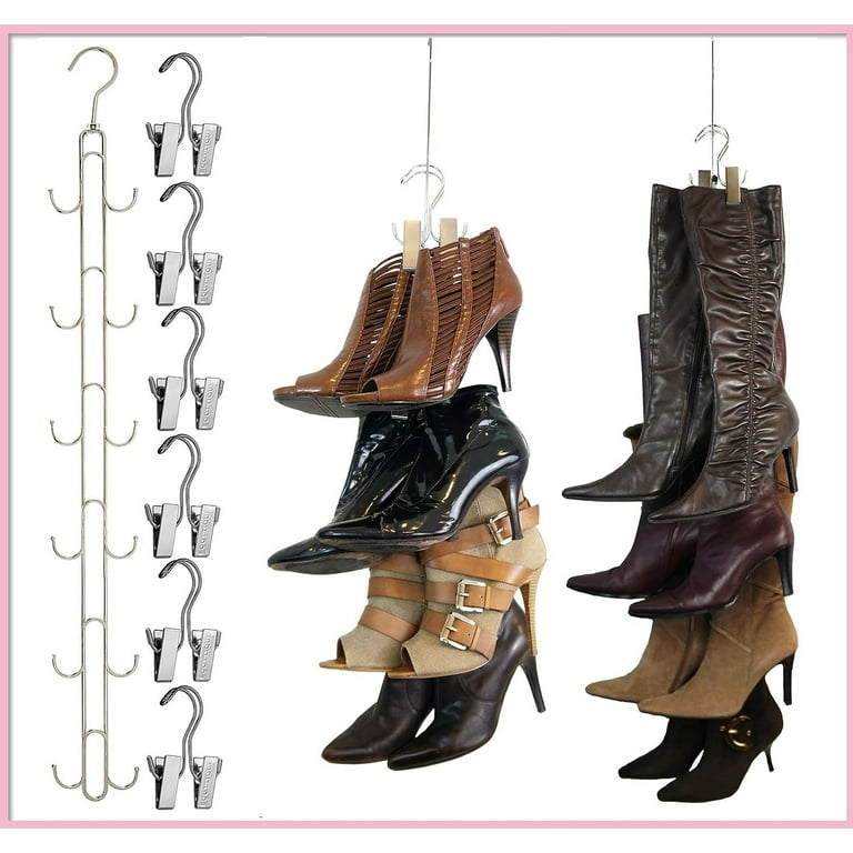New Improved System- Boot Stax: Vertical Hanging Boot Rack, Boot Storage, Boot Organizer: 1 Vertical Rod That Swivels + 6 Silver Boot Hangers