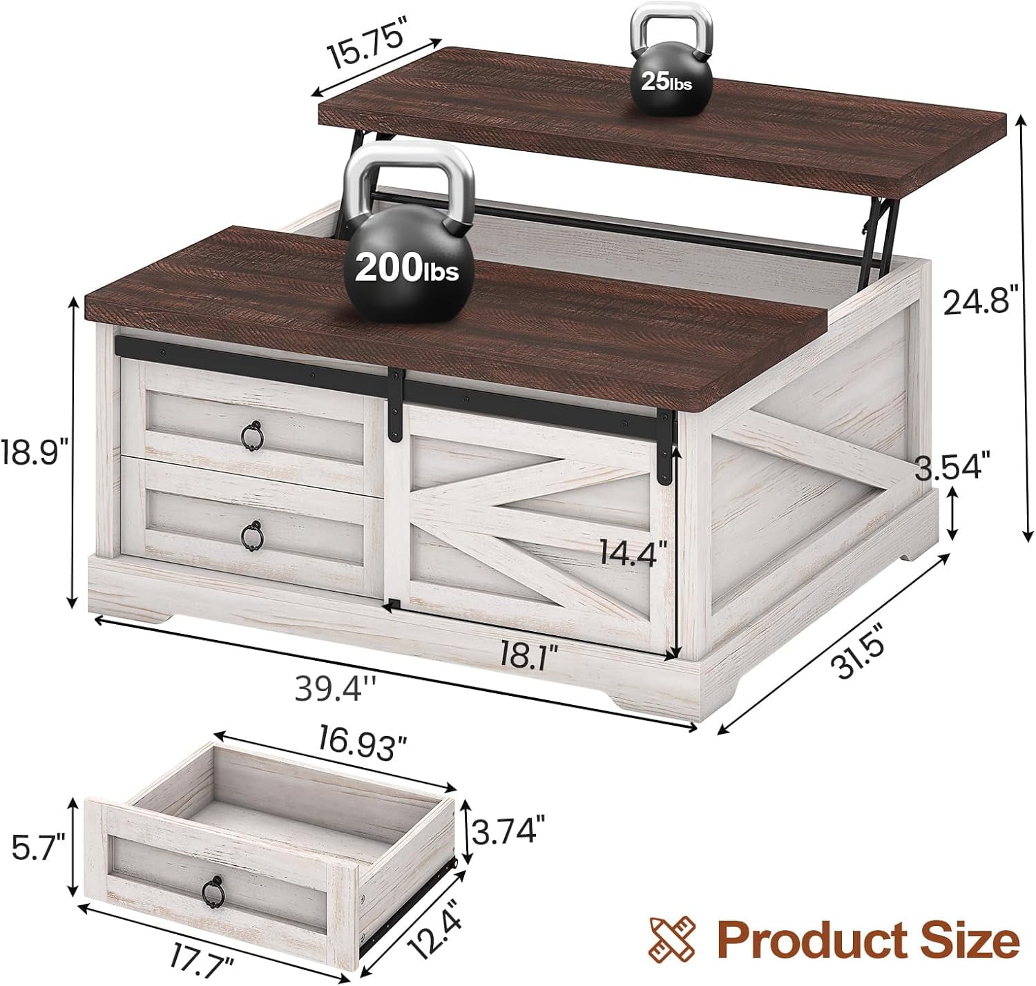 39.4" Lift-Top Coffee Table with Storage, Farmhouse Square Coffee Table with Drawers, Sliding Door and Hidden Storage Compartment, Center Table Gaming Station or Workspacefor Living Room, White