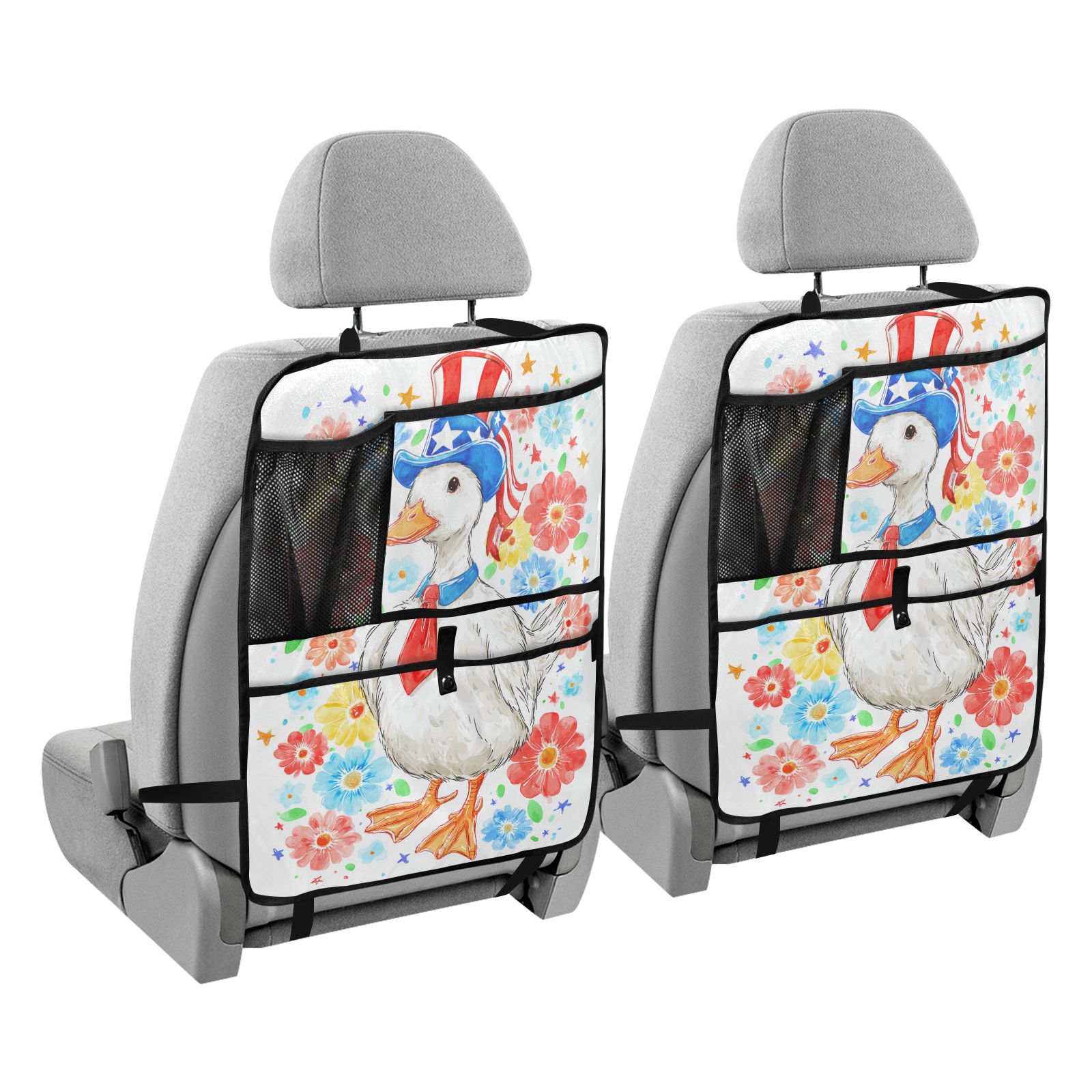 Patriotic duck floral hat tie Kick Mats (256 Pack) - Car Seat Back Protectors, Premium Waterproof Fabric, Reinforced Corners to Prevent Sag, and Mesh Pockets for Large Storage