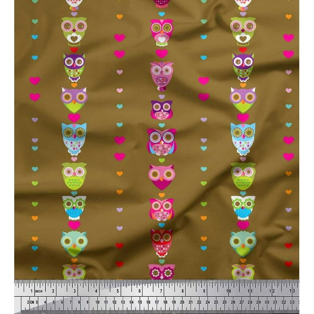 Soimoi Poly Georgette Fabric Heart & Owl Kids Print Fabric by Yard 42 Inch Wide