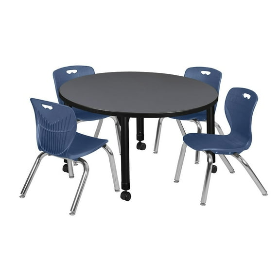 Regency 36 in. Round Adjustable Classroom Table- Grey & 4 Andy 12 in. Stack Chairs- Blue