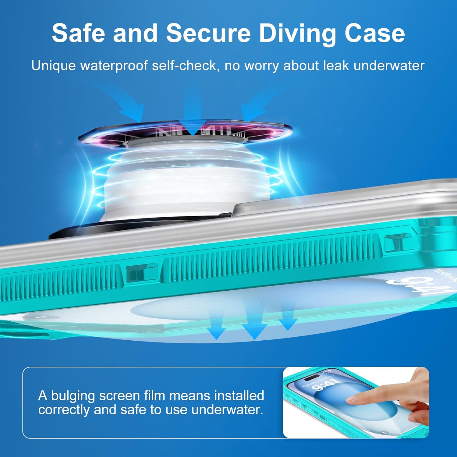 KOMI Waterproof Phone Case, Underwater Snorkeling Diving Phone Case, Universal Self-Check Water Proof Pouch Dry Bag Up to 6.9 Inch for iPhone 15/14/13/12/11/Samsung S24/S23/Google Series - Blue