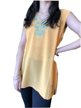 Mogul Women Yellow Tunic Top Sequin Embroidered Georgette Summer Bohemian Gypsy chic Blouse Kurti M