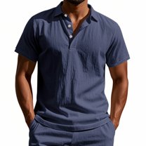 WTOBBY Men's Linen Short Sleeve Shirt Lightweight and Breathable, Casual Summer Beach Shirt, Solid Color Top for Golf, Vacation, and Relaxed Outdoor Wear,Navy 2XL