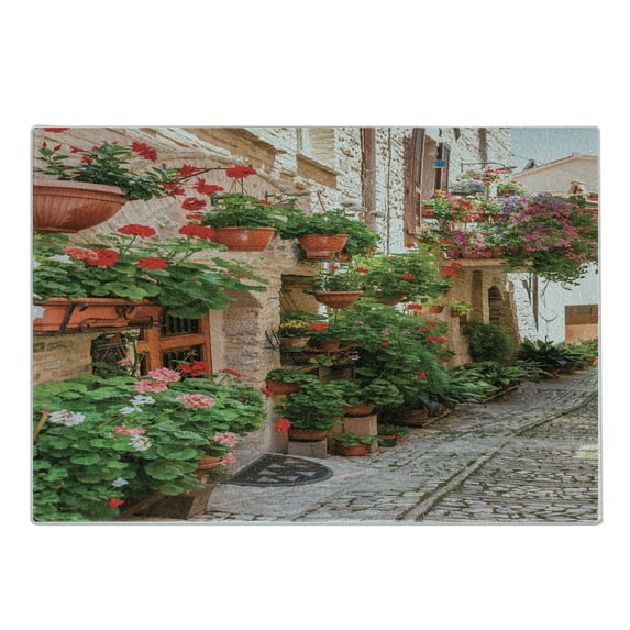 Italian Cutting Board, Street View of a Small Renaissance Town with Floral Porches and Rock Mediterranean, Decorative Tempered Glass Cutting and Serving Board, Small Size, Multicolor, by Ambesonne