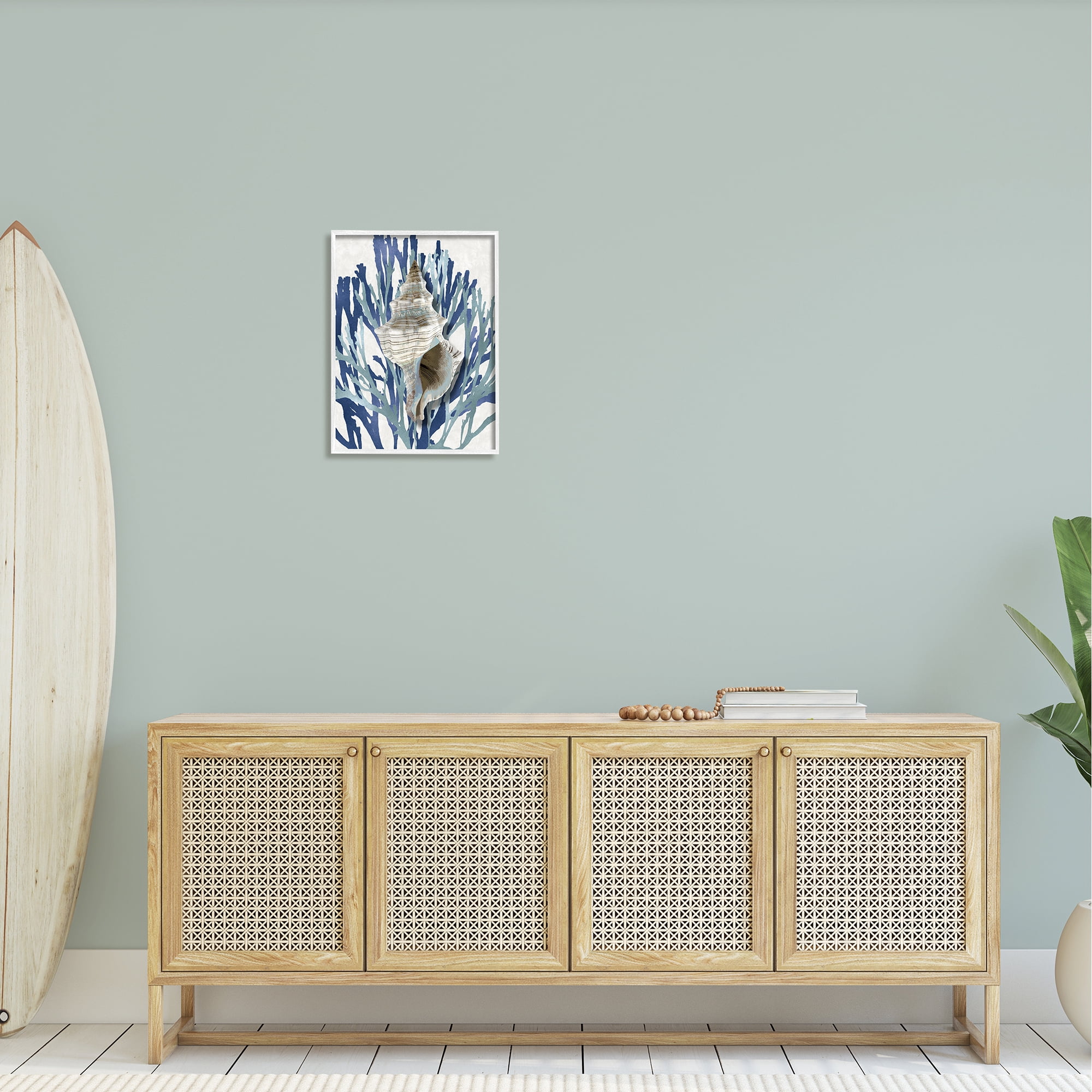 Stupell Industries Tower Shell Coral Blue Beach Design Graphic Art Framed Art Print Wall Art, 16x20, By Caroline Kelly