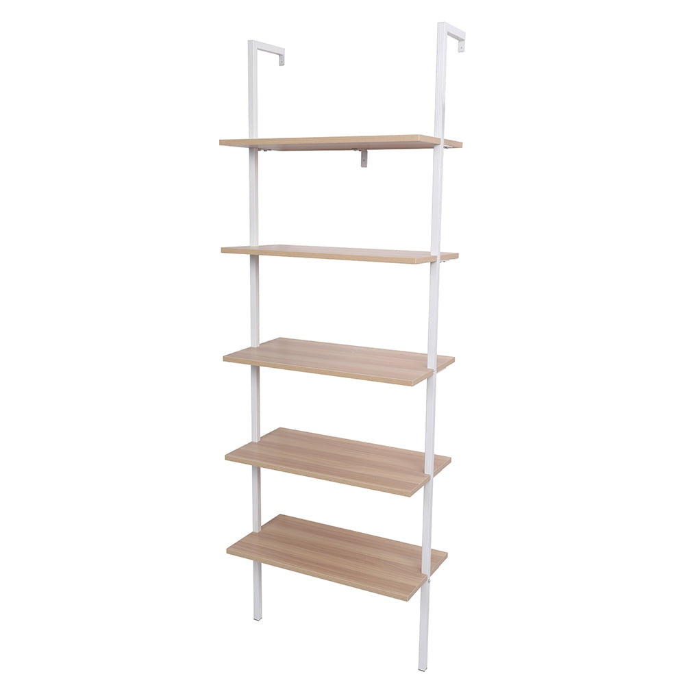 5-Shelf Wood Ladder Bookcase with Metal Frame, Industrial 5-Tier Modern Ladder Shelf Wood Shelves, For Living Room, Bedroom & Office​ Walnut