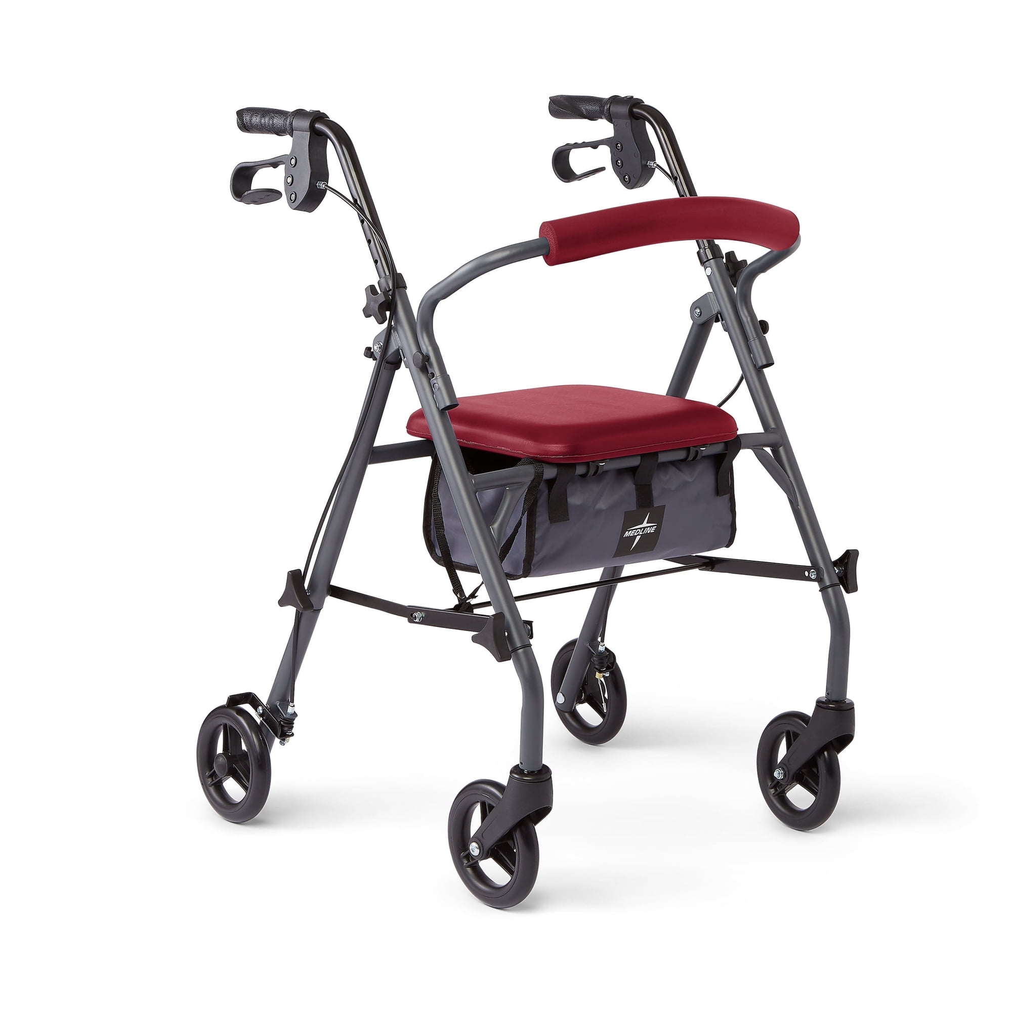 Medline Rolling Walker, Folding Rollator with Seat and 6-In Wheels, Burgundy, 300-lb Capacity, Steel, Microban