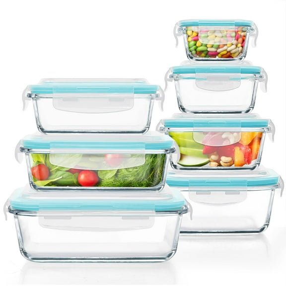 14 Pcs Glass Food Storage Containers, Meal Prep, Airtight Bento Boxes Lunch Box with Leak Proof Locking Lids, Microwave/Oven/Freezer/Dishwasher Safe, BPA Free