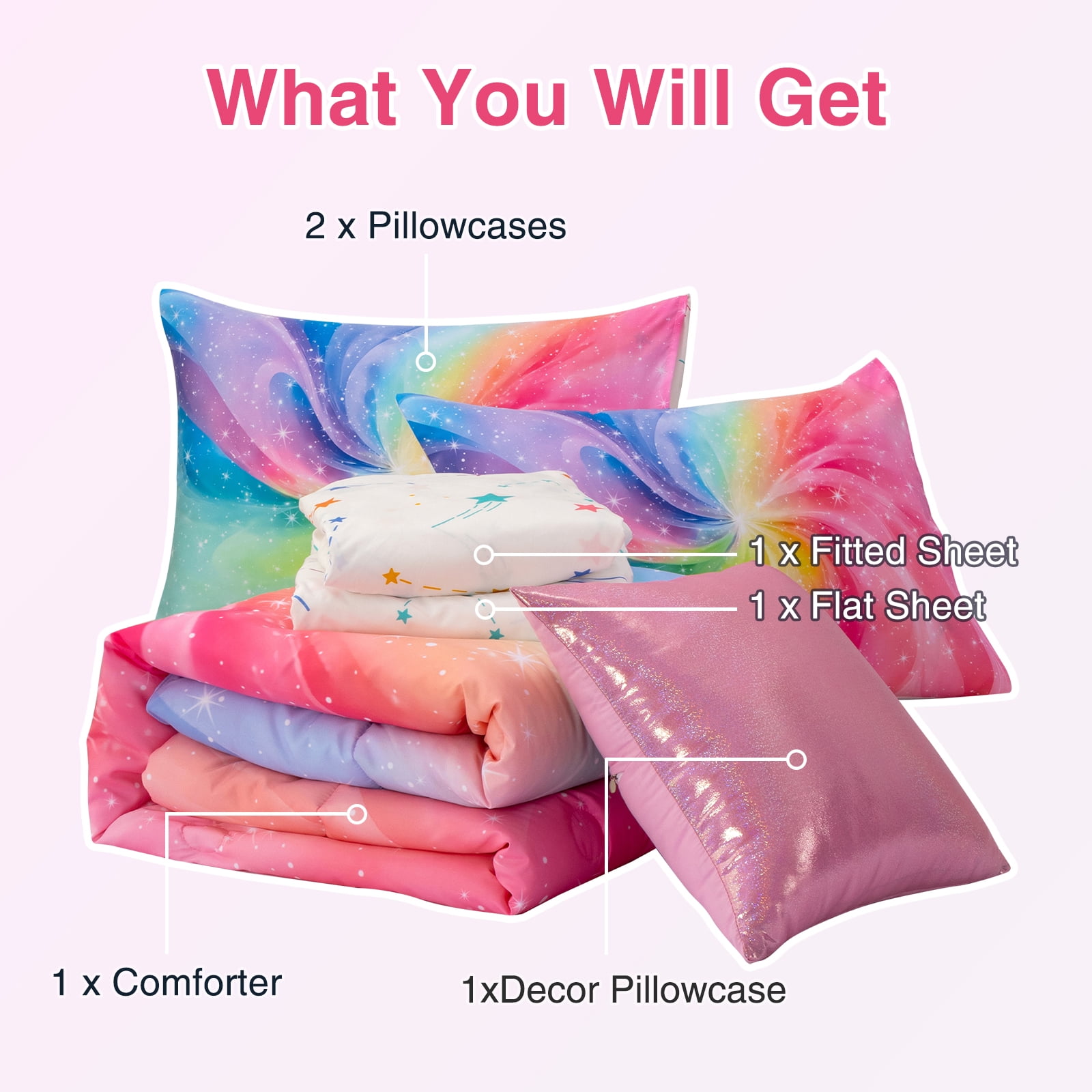 Btargot Girl Comforter Set Full 6 Piece Rainbow Bedding Set Colorful Gradient Glitter Bed-in-a-Bag