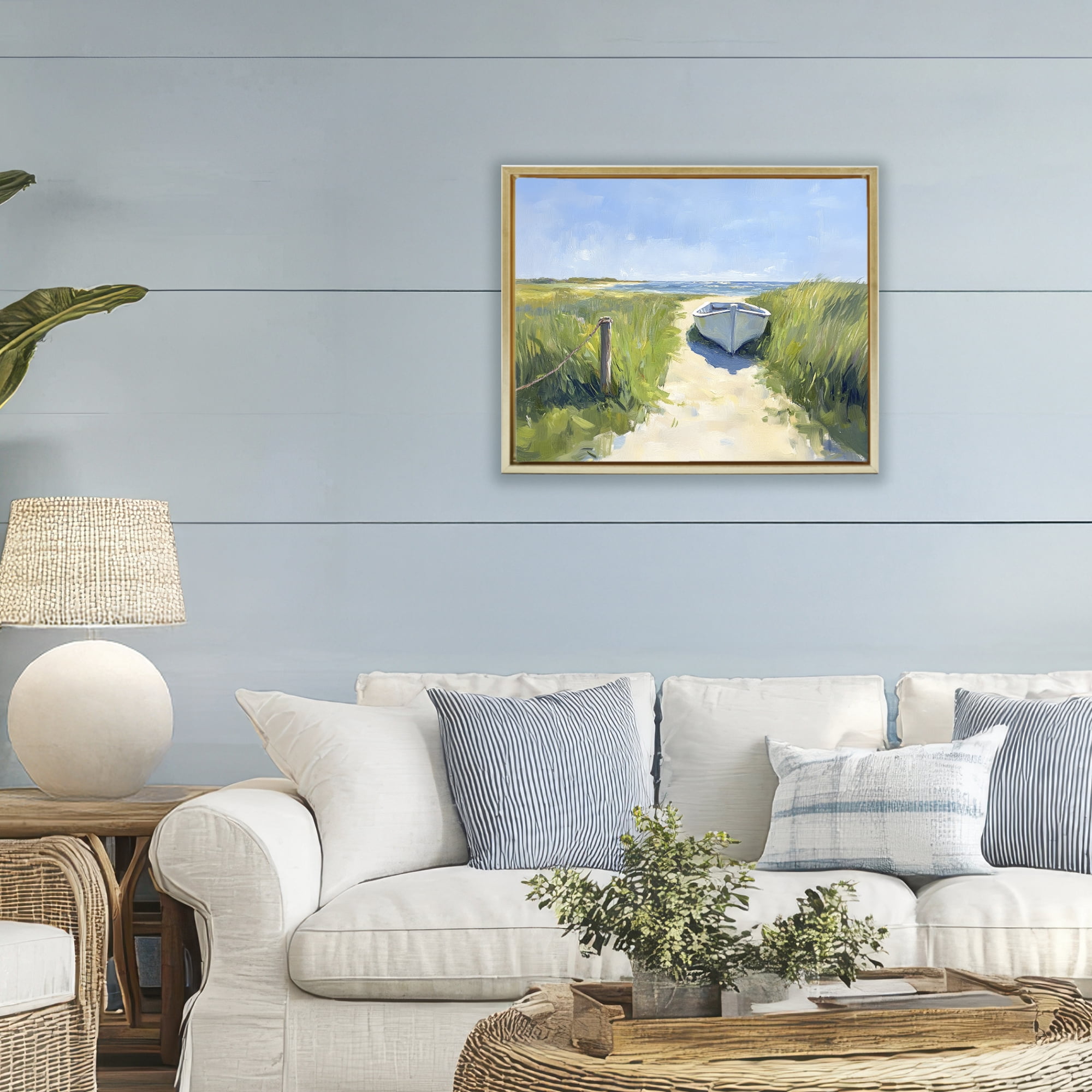 Stupell Industries Moored Boat on Path Gold Framed Floater Canvas Wall Art, design by Sisi and Seb
