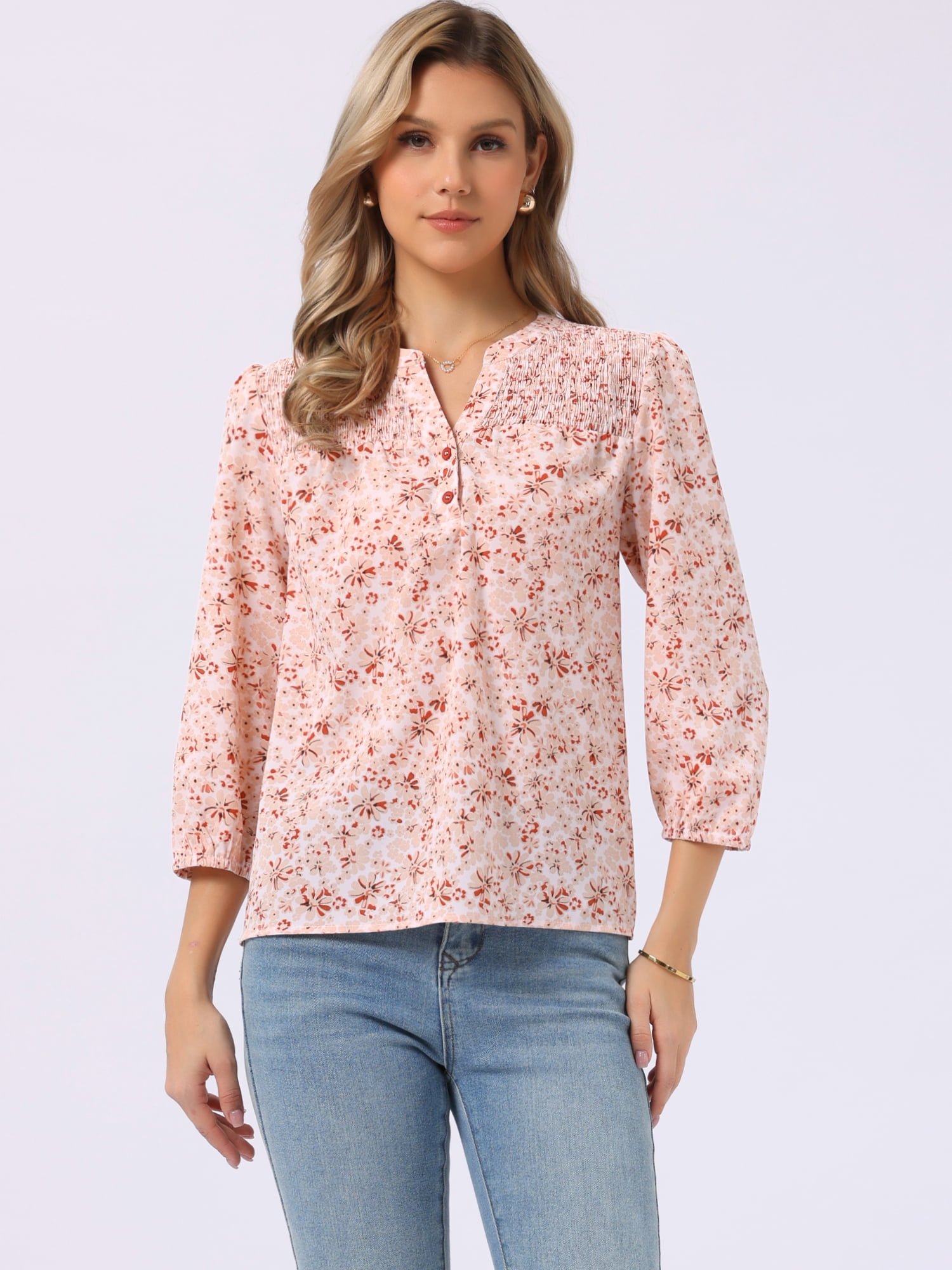 DARING DIVA Women's Floral 3/4 Sleeve Smocked Front V Neck Blouses S Light Pink