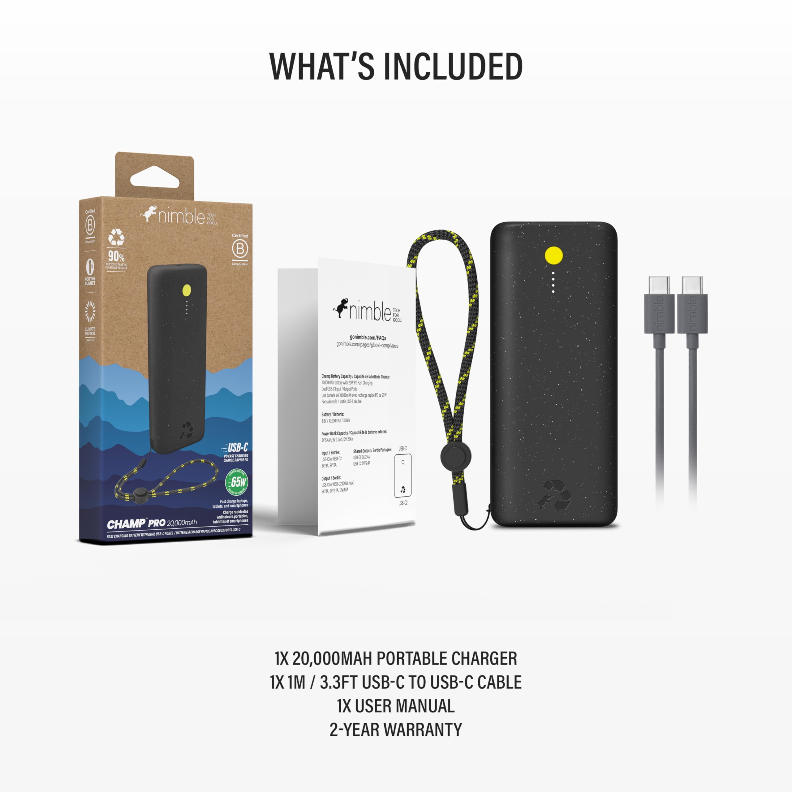 Nimble Champ Pro Portable Charger, 20,000mAh Power Bank with Cable, 65W Dual USB-C Fast Charging Battery Pack, Travel Essential Phone Power Bank for iPhone 16/15/14/13 Galaxy MacBook iPad Airpod