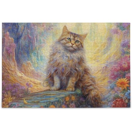 Hotbar Fantasy Cat on Rock Jigsaw Puzzle 1000 Pieces, Zigsaw Puzzles with Storage Bag Reference Picture Alphabet Back 29.5×19.7 in