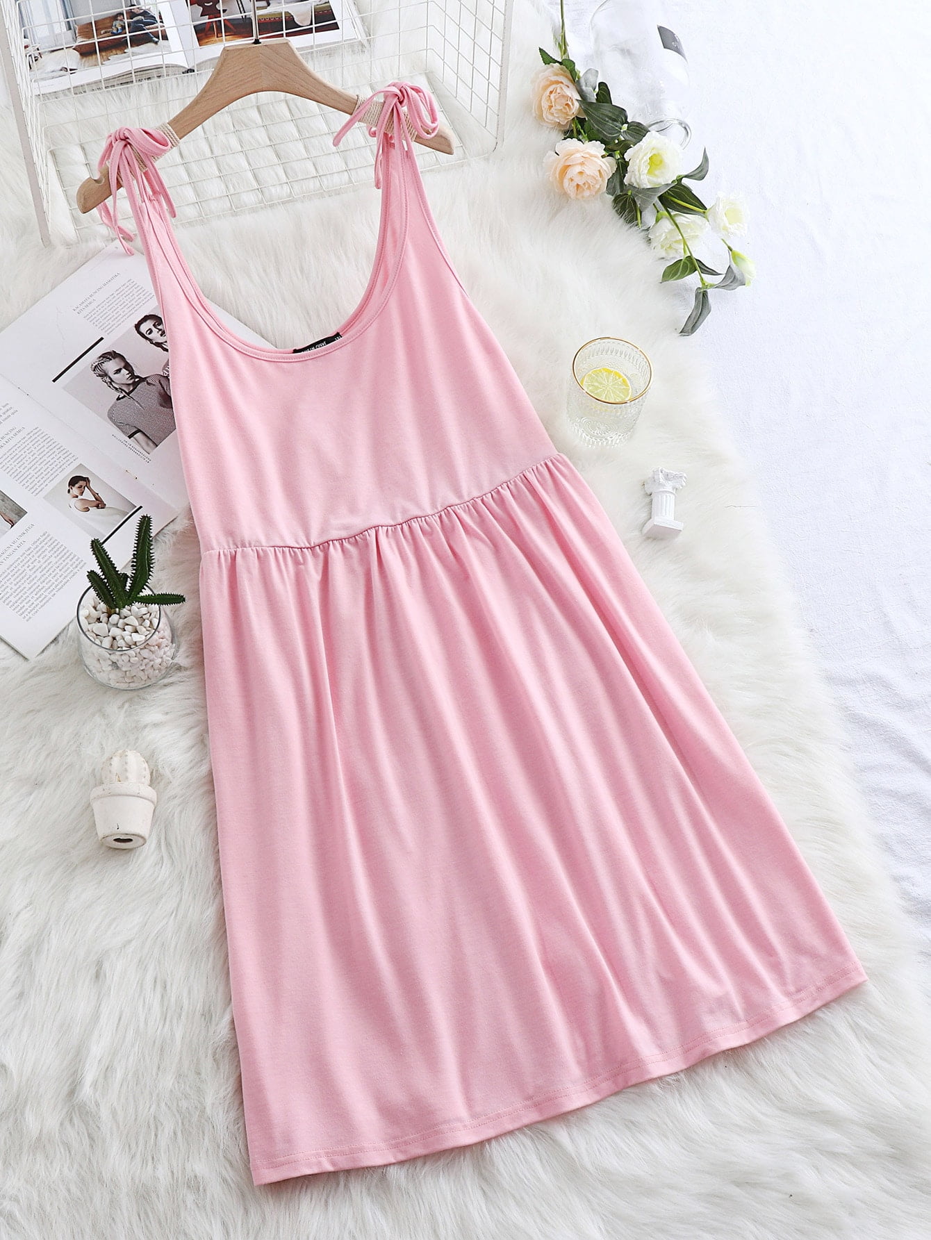 Plus Size Solid Tie Shoulder Smock 